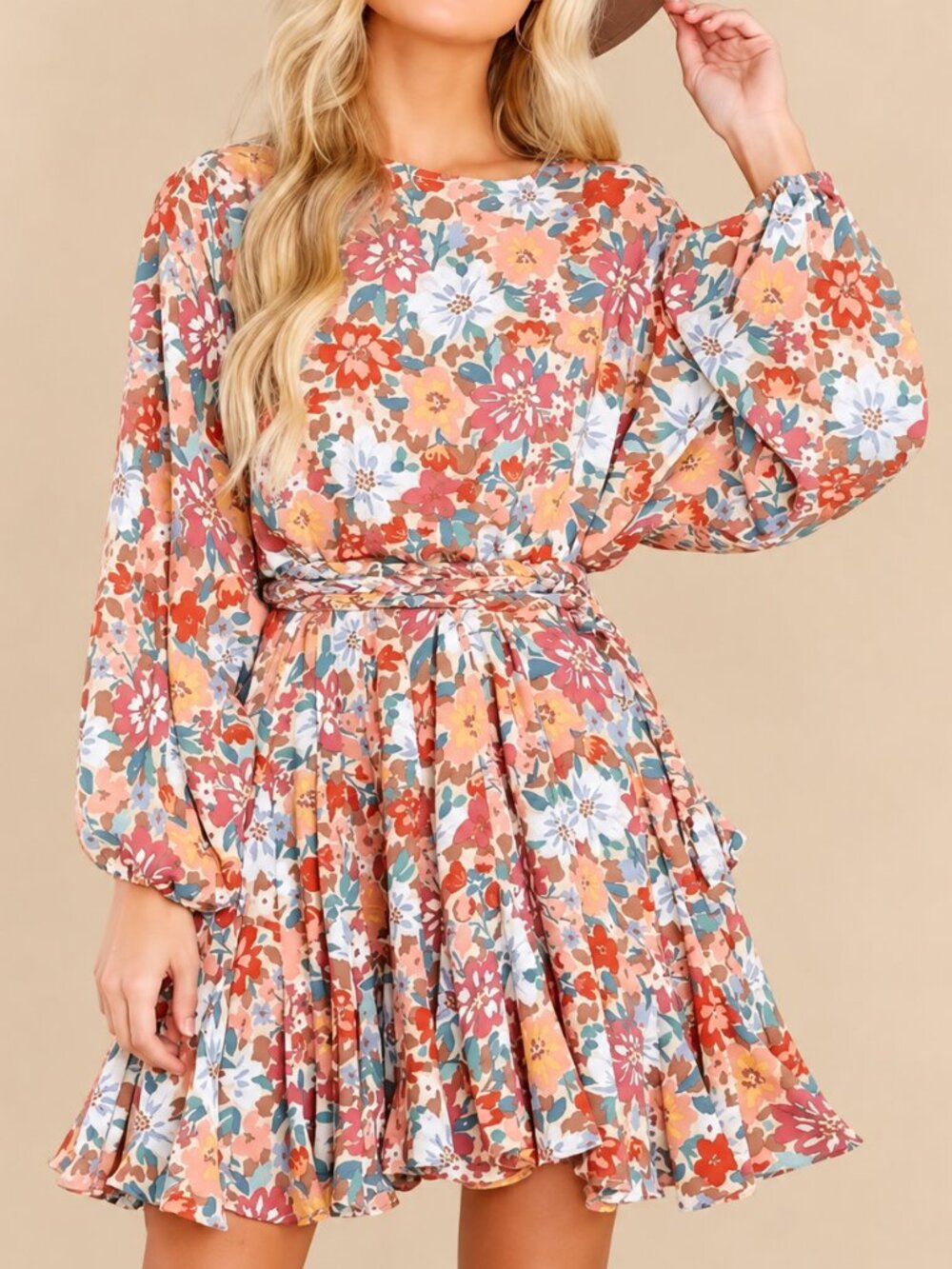 Storia Floral Swing Mini Dress M Boho Puff Sleeve Tiered Babydoll